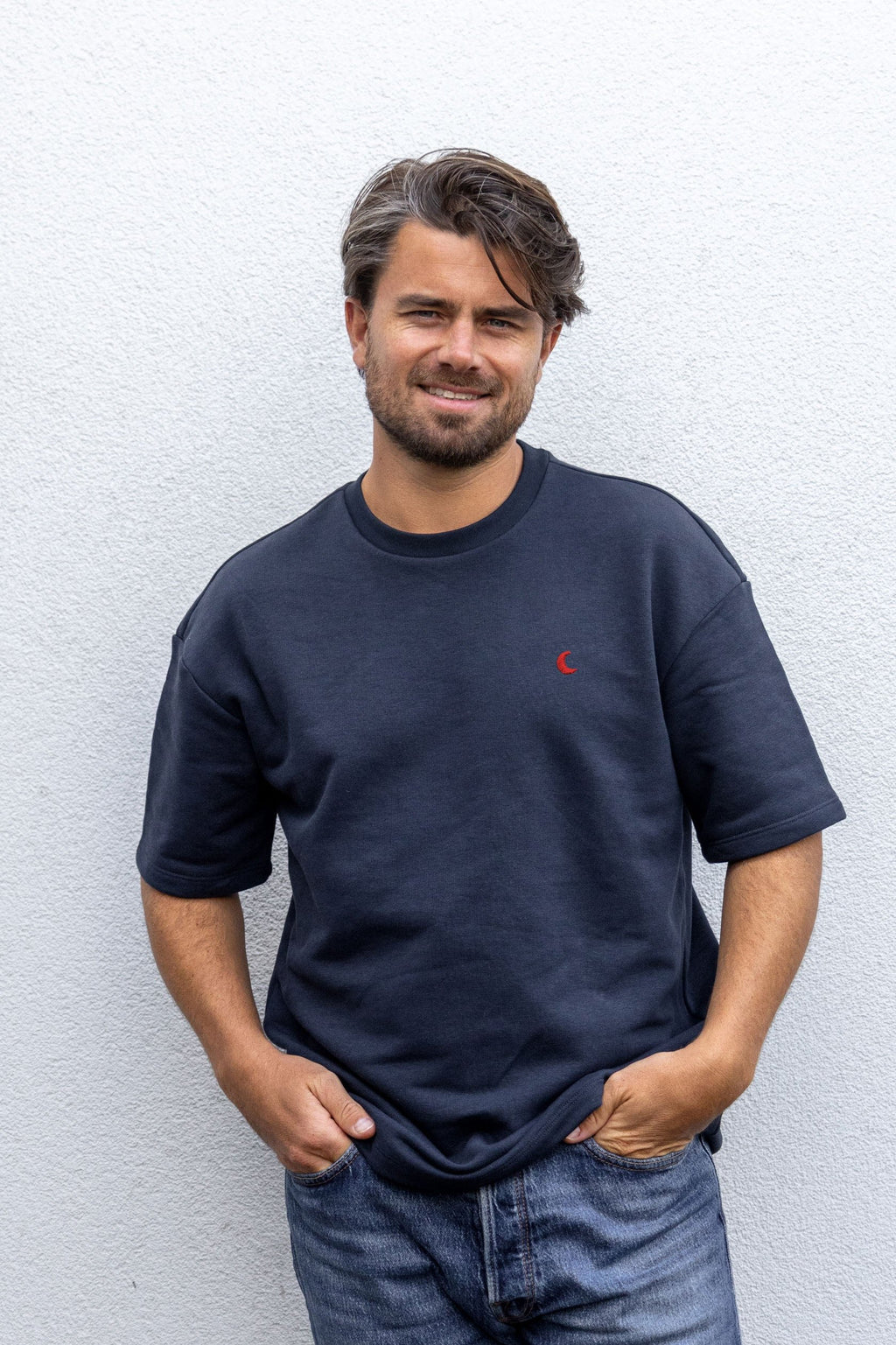 mens sweat t-shirt RED MOON midnight blue
