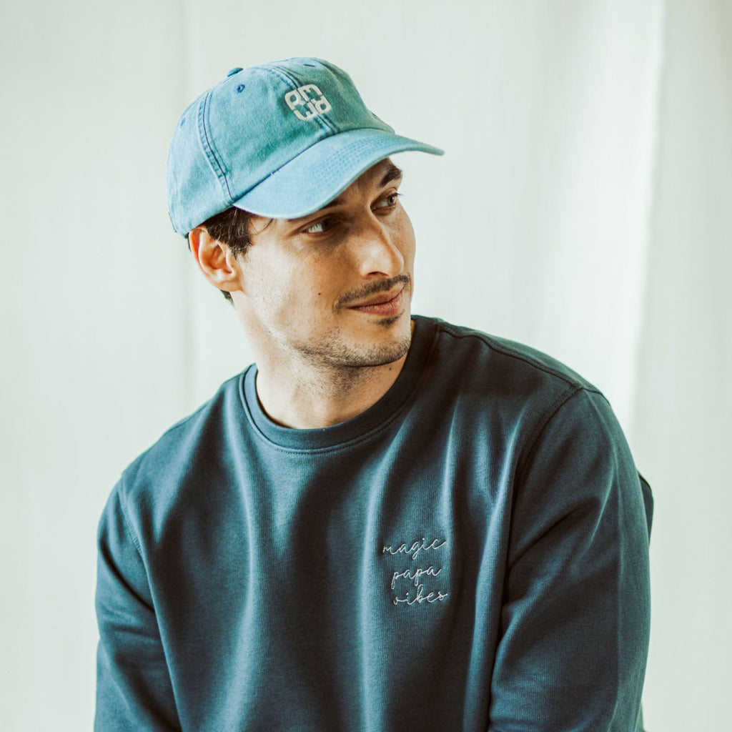 Graphite grey magic papa vibes sweatshirt with embroidered text for dads