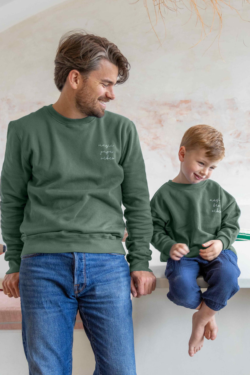 Pine green magic papa vibes sweatshirt with embroidered text for dads