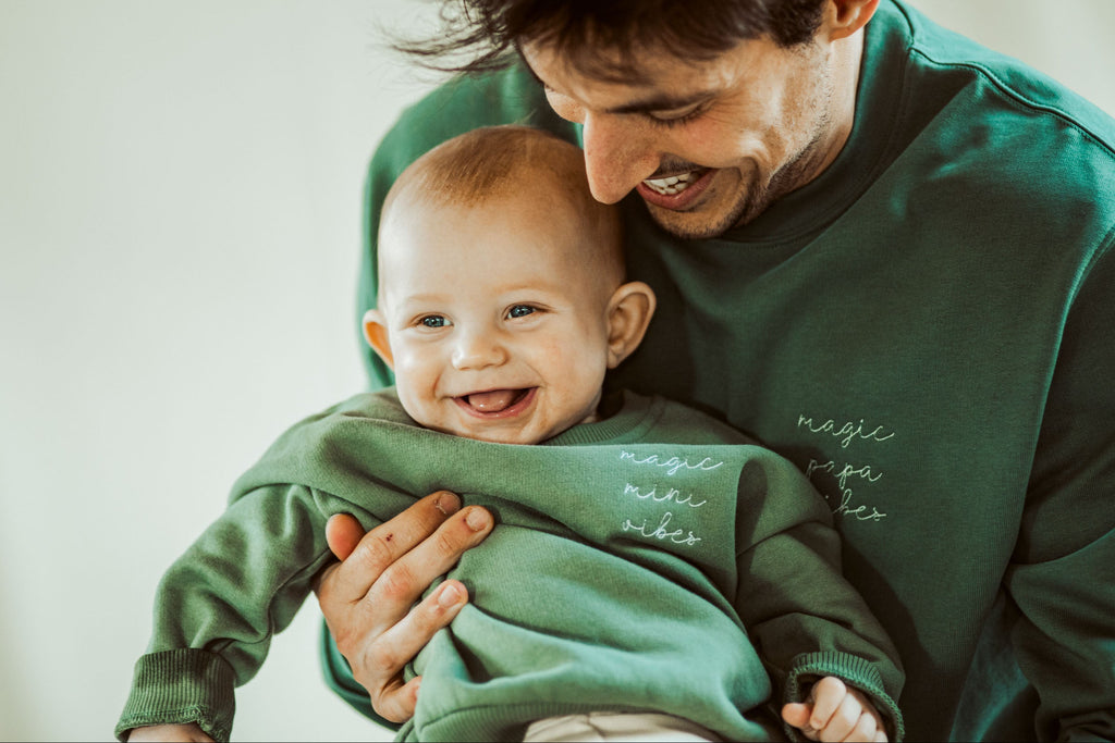 Pine green magic papa vibes sweatshirt with embroidered text for dads