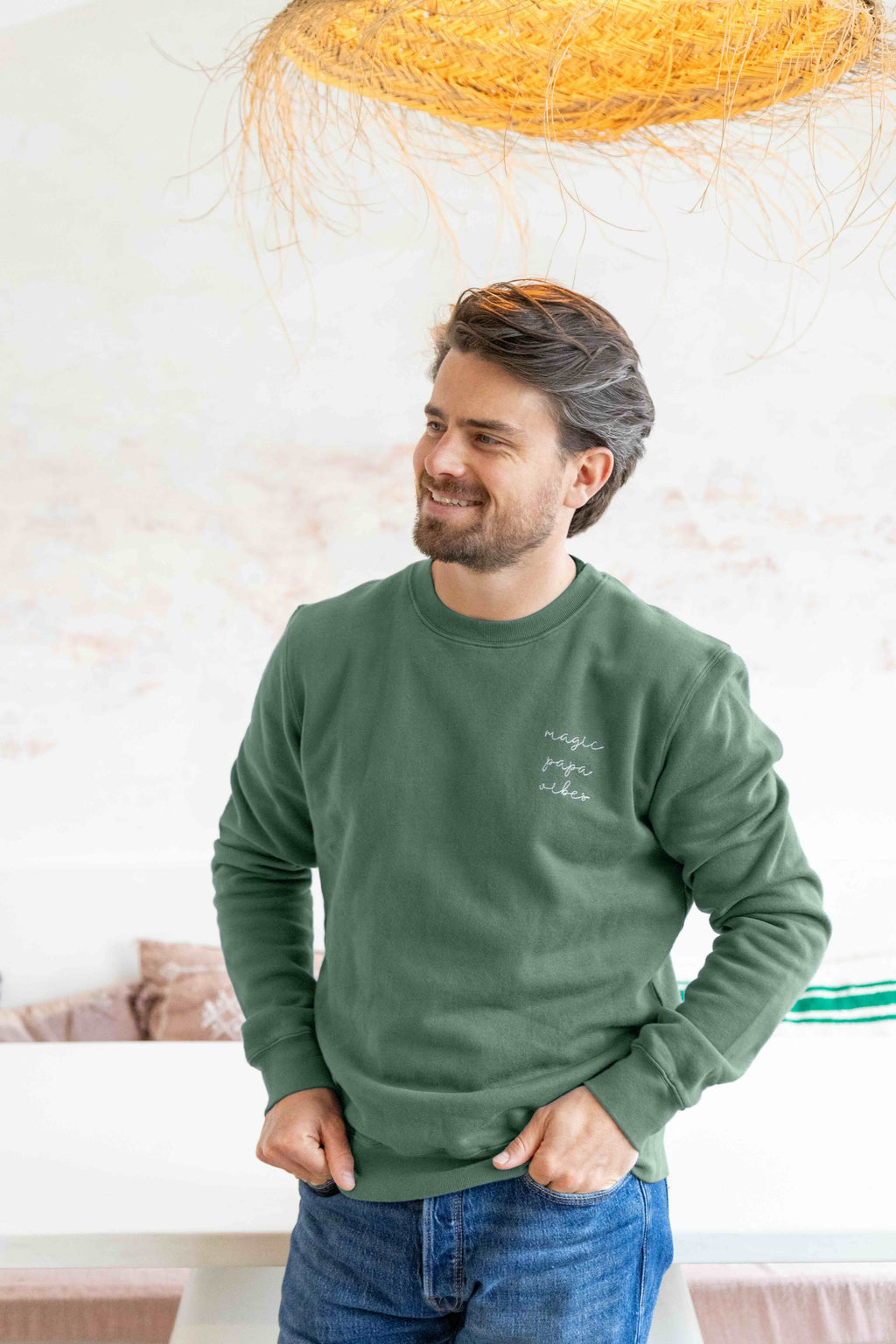 Pine green magic papa vibes sweatshirt with embroidered text for dads