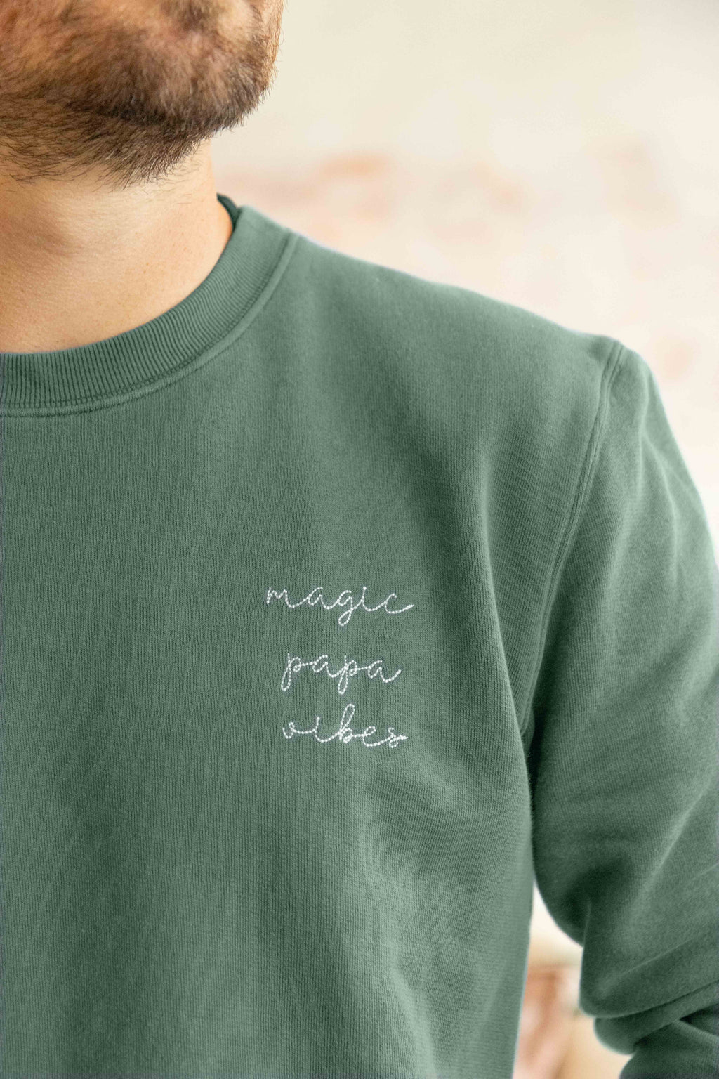 Pine green magic papa vibes sweatshirt with embroidered text for dads