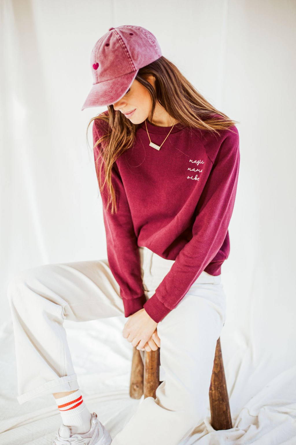 Burgundy magic mama vibes sweatshirt with embroidered text for moms