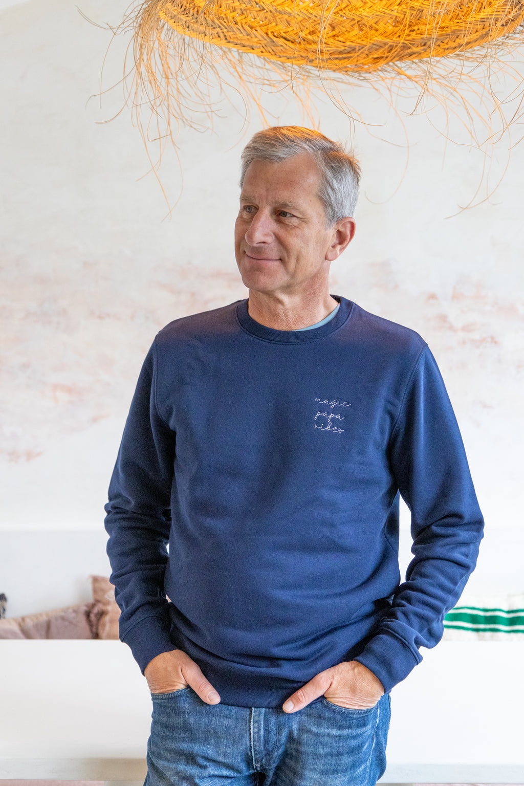 blue magic papa vibes sweatshirt with embroidered text for dads 