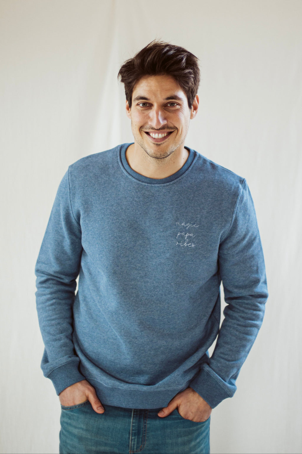ocean blue magic papa vibes sweatshirt with embroidered text for dads 