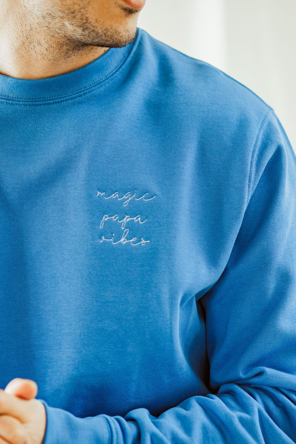 sky blue magic papa vibes sweatshirt with embroidered text for dads 