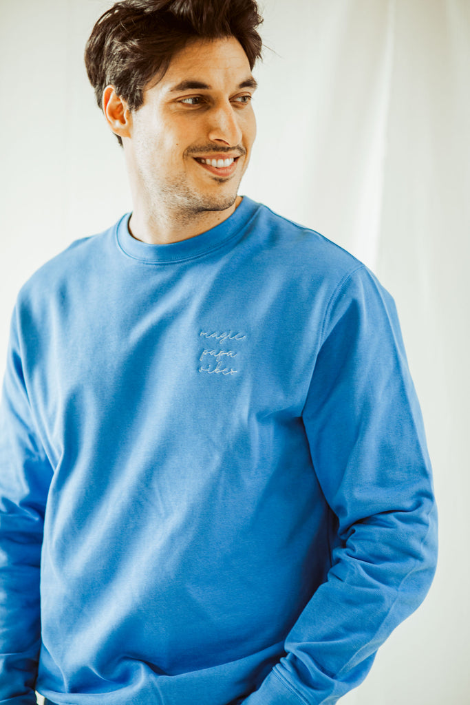 sky blue magic papa vibes sweatshirt with embroidered text for dads 
