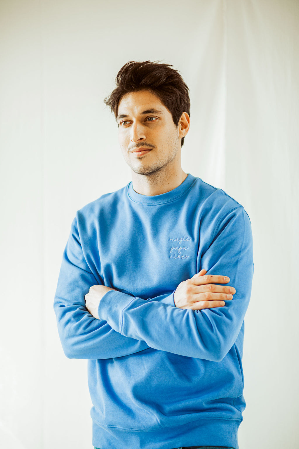 sky blue magic papa vibes sweatshirt with embroidered text for dads 