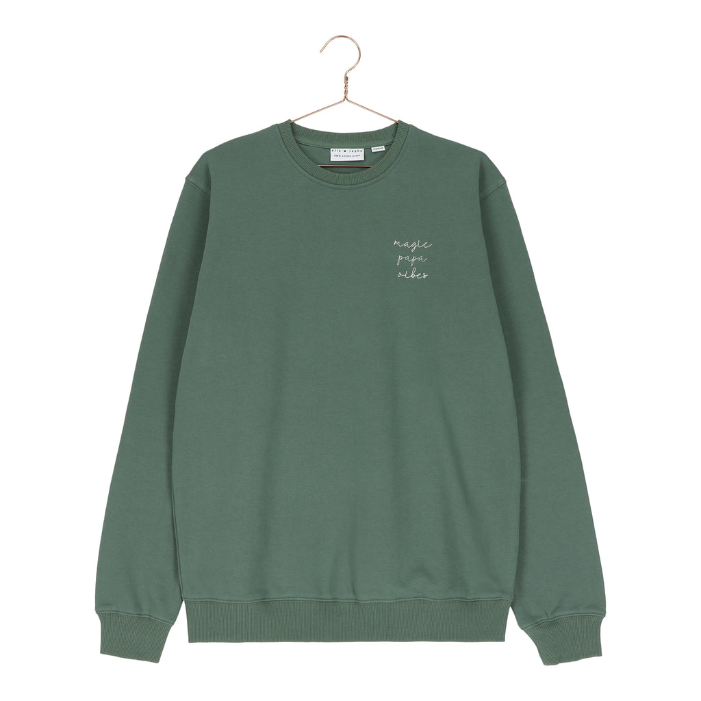 Pine green magic papa vibes sweatshirt with embroidered text for dads