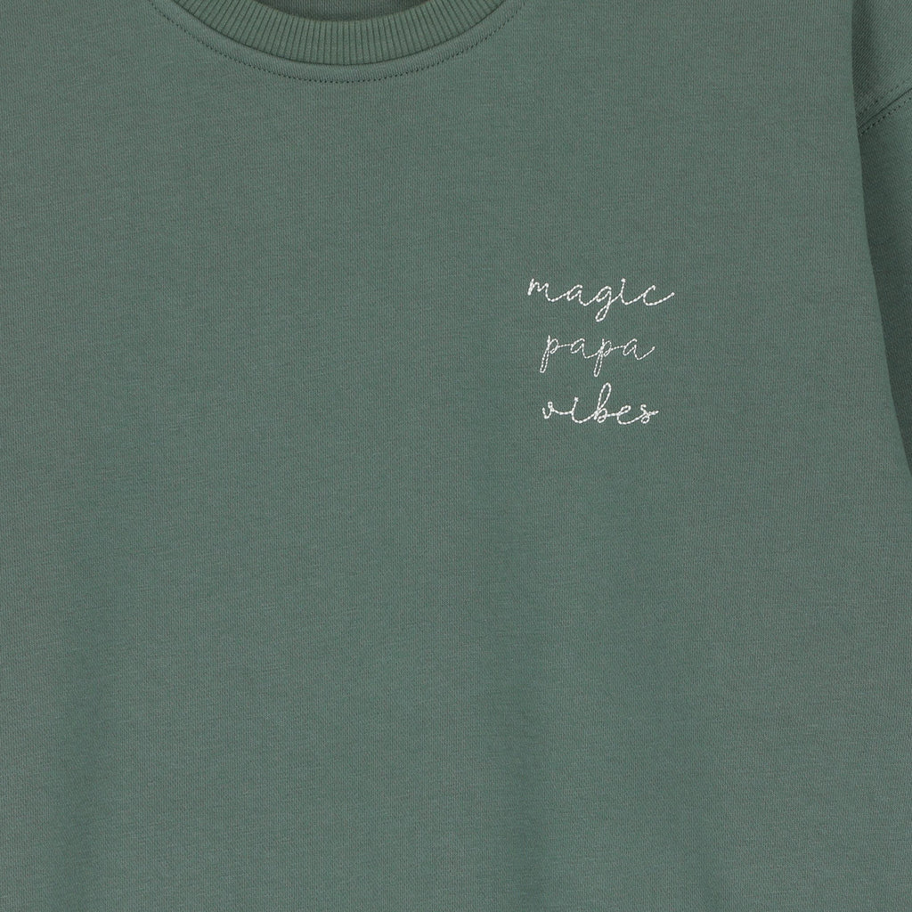 Pine green magic papa vibes sweatshirt with embroidered text for dads