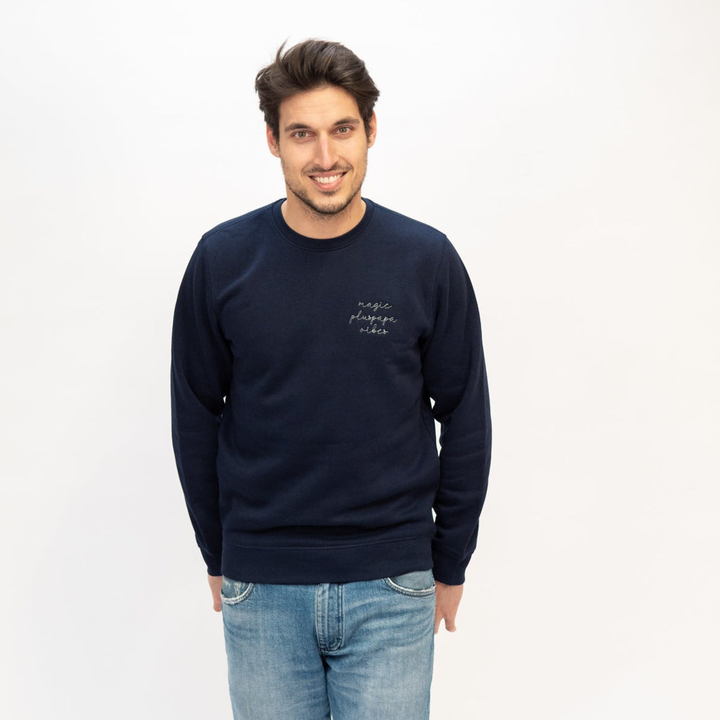 Midnight blue magic papa vibes sweatshirt with embroidered text for dads