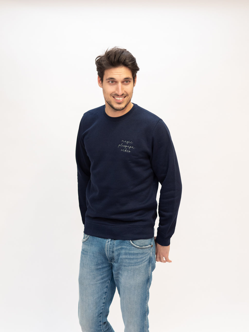 Midnight blue plus magic papa vibes sweatshirt with embroidered text for dads