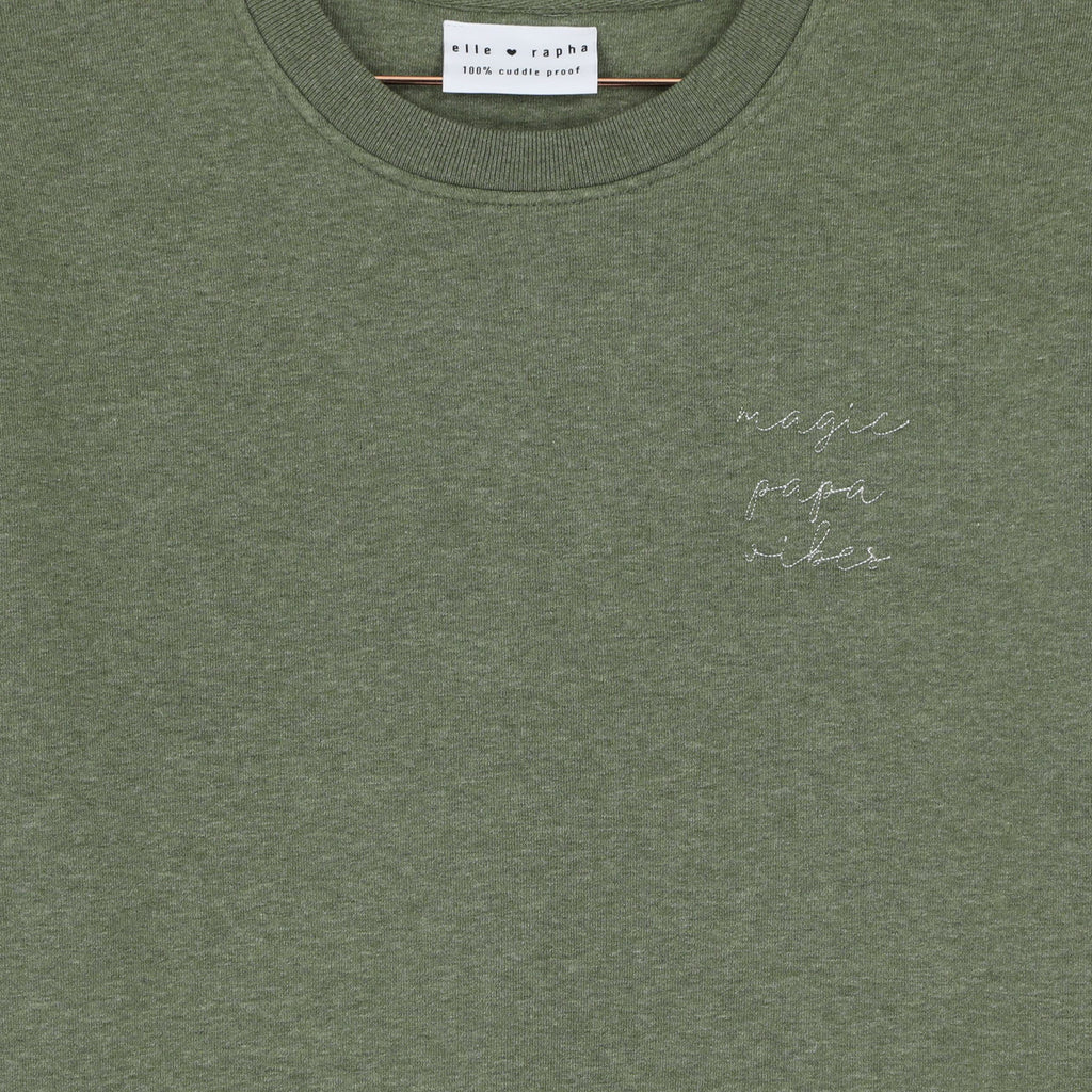 olive green magic papa vibes sweatshirt with embroidered text for dads 