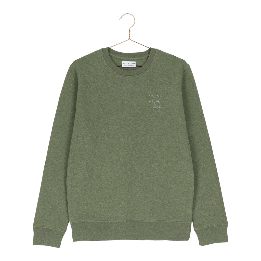 olive green magic papa vibes sweatshirt with embroidered text for dads 